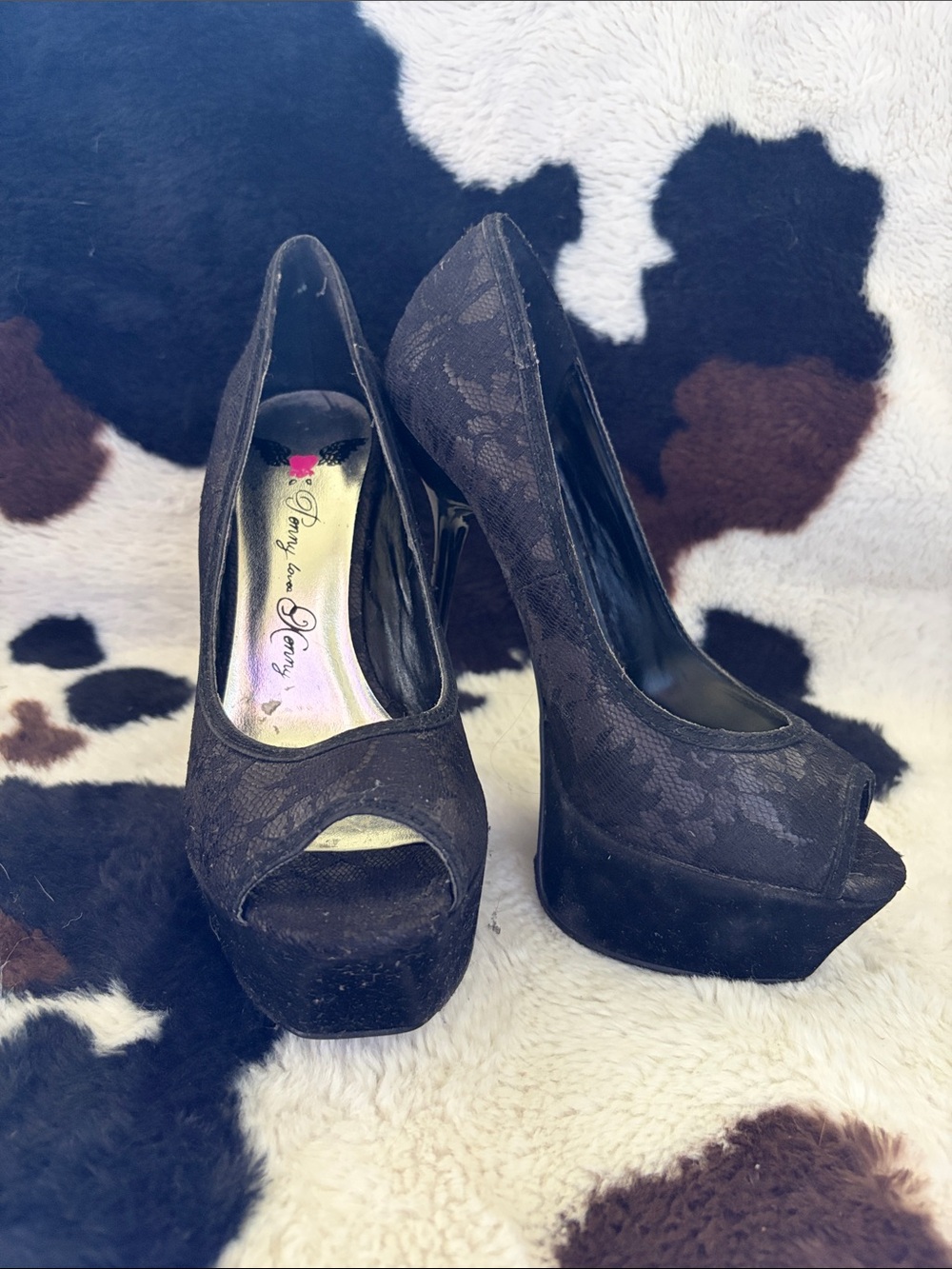 Penny Loves Kenny Black Lace Peep-Toe Platform Heels